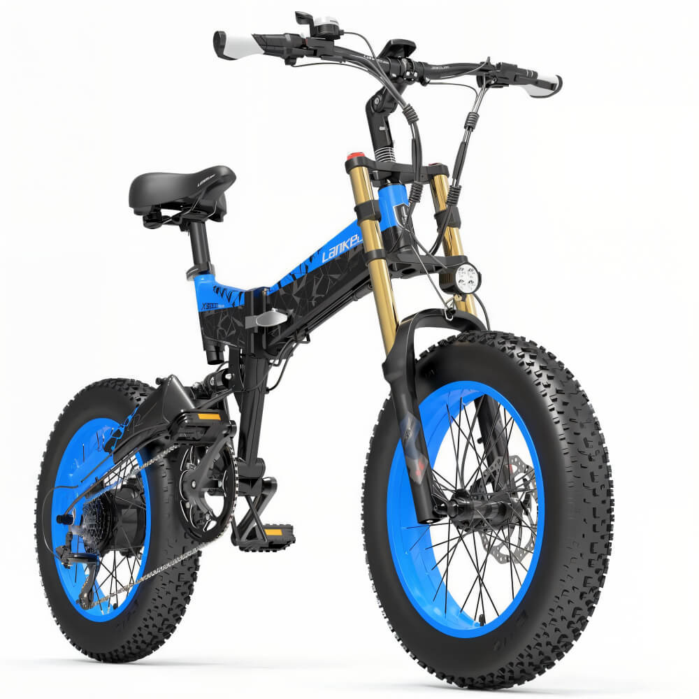 Fat bike électrique LANKELEISI X3000 PLUS-UP bleu vu de côté droit, équipé de pneus tout-terrain et moteur puissant.