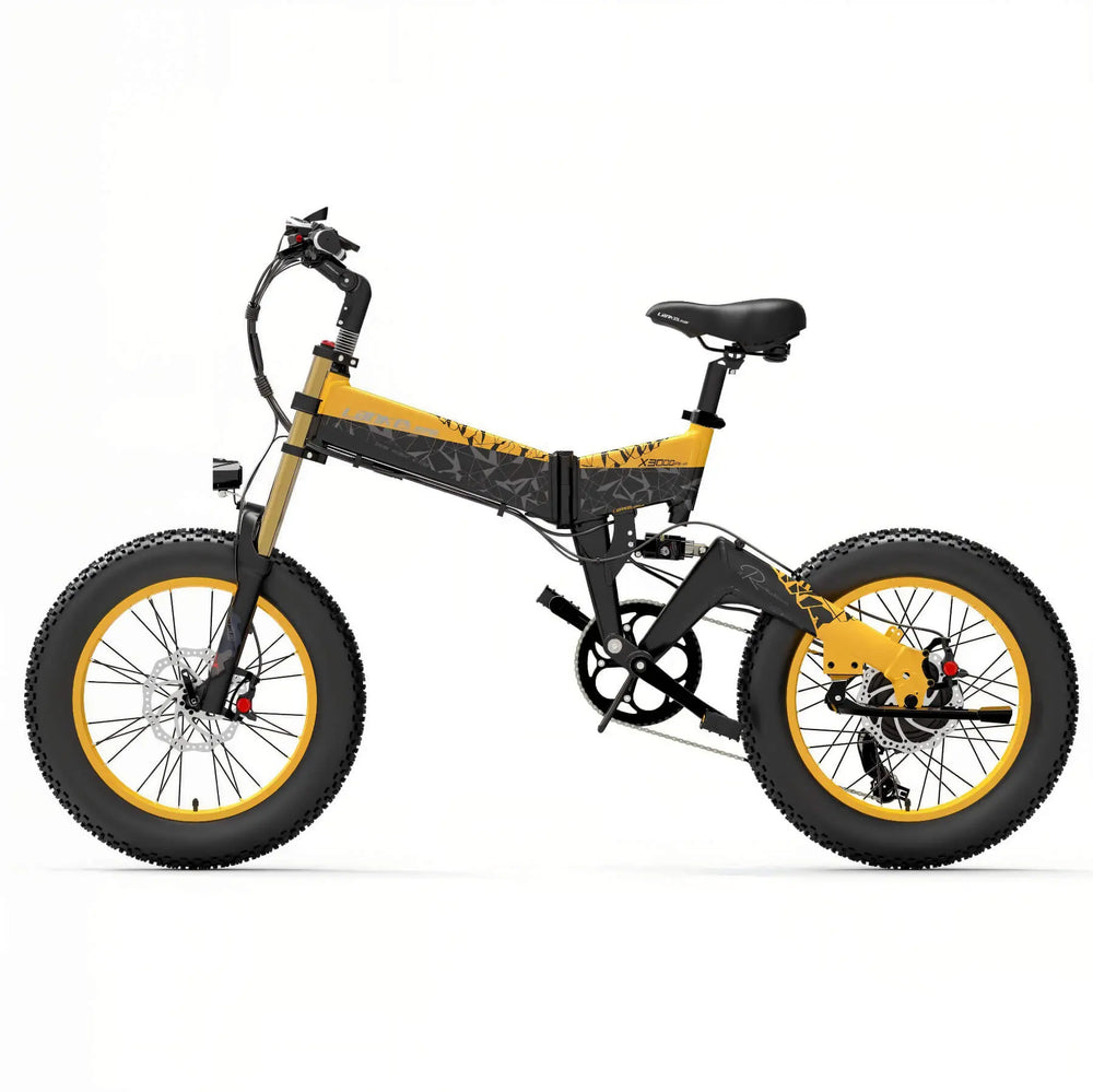 Détails du cadre et des finitions du fat bike électrique LANKELEISI X3000 PLUS-UP jaune, idéal pour les trajets polyvalents.