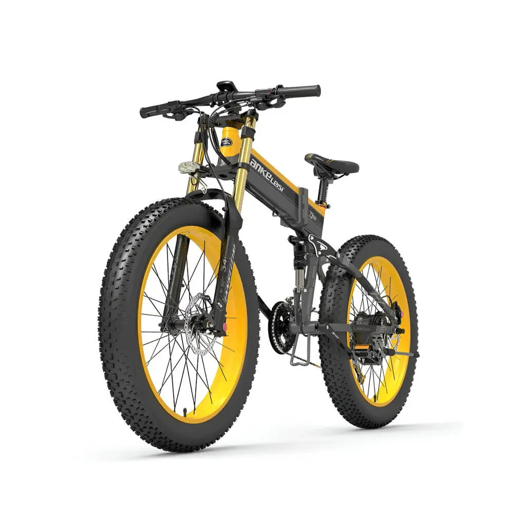 Fat bike électrique jaune LANKELEISI XT750 PLUS vu de côté gauche, avec un cadre ergonomique et un design moderne.