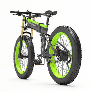 Fat bike électrique vert LANKELEISI XT750 PLUS vu de l’arrière, avec freins à disque performants.