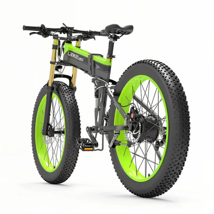 Fat bike électrique vert LANKELEISI XT750 PLUS vu de l’arrière, avec freins à disque performants.