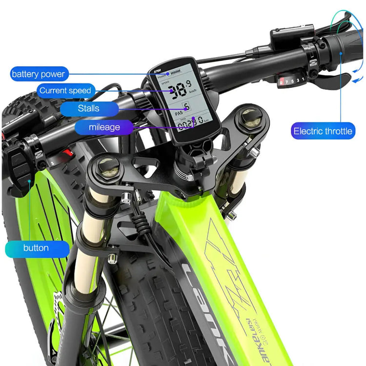 Zoom sur l’écran du Fat Bike Électrique LANKELEISI XT750 PLUS, affichant les données de conduite comme la vitesse et l’autonomie.