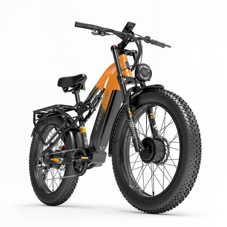 Fat bike électrique orange LANKELEISI MG800 tout-terrain vu de côté droit, pneus larges pour chemins difficiles.