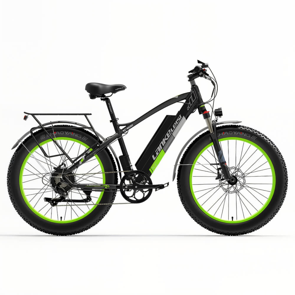 Fat bike électrique Lankeleisi XC4000 en couleurs vert, vu de face, idéal pour les terrains accidentés et urbains.