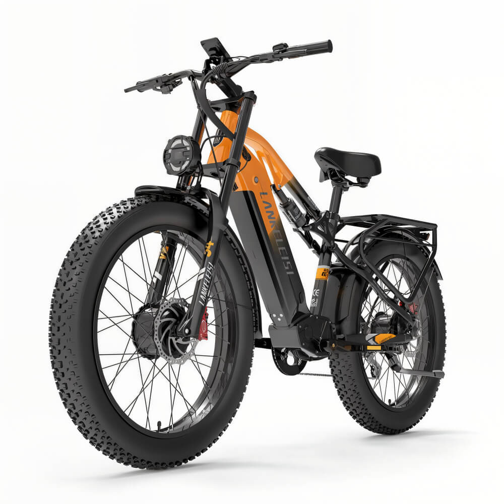 Fat bike électrique orange LANKELEISI tout-terrain vu de côté gauche, avec cadre robuste et moteur intégré.