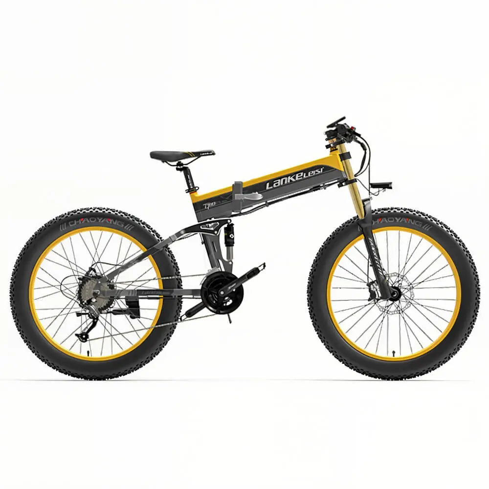 Zoom sur les détails du modèle Fat Bike Électrique LANKELEISI XT750 PLUS en couleurs jaune.