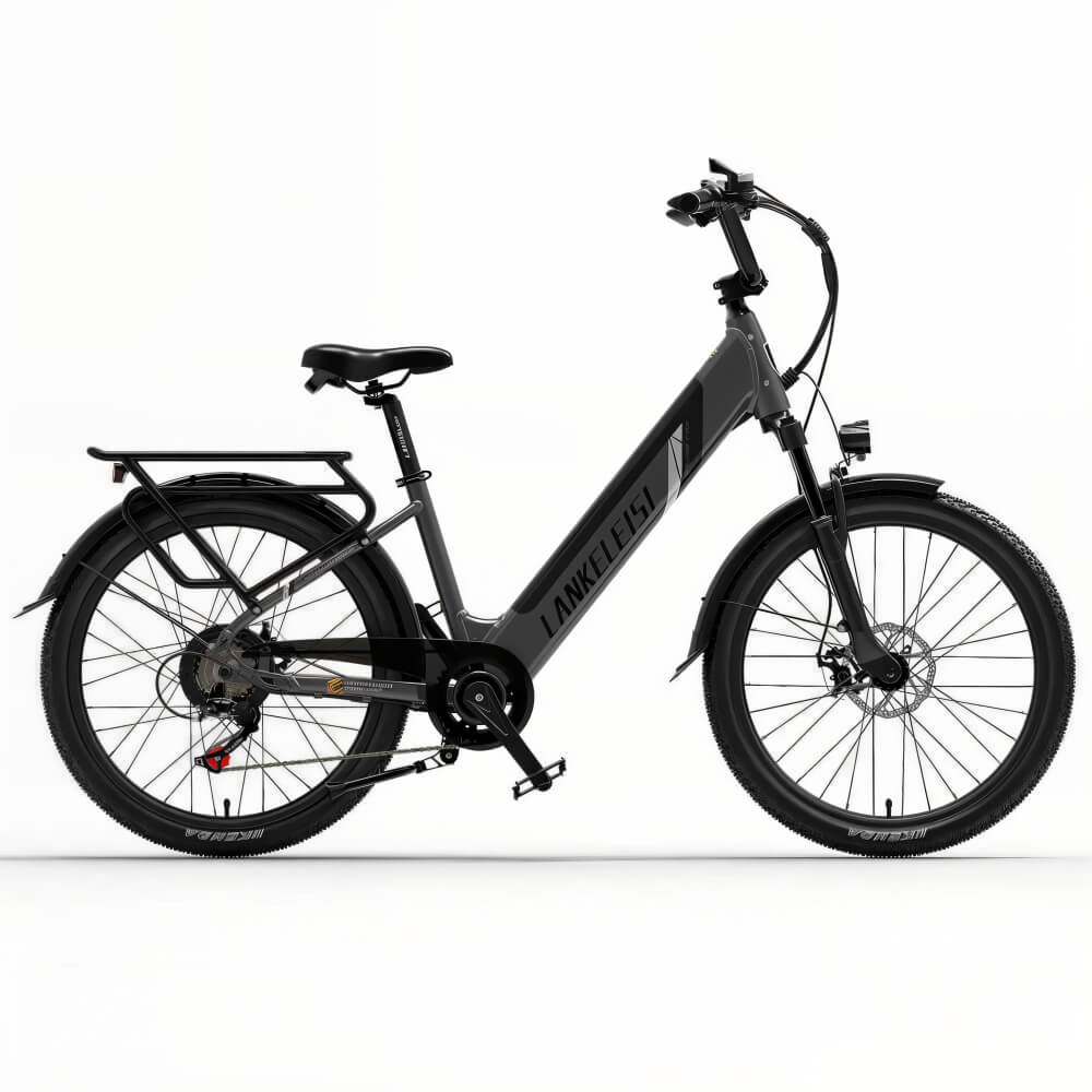 Vélo électrique gris Lankeleisi ES500 Pro vu de face, idéal pour les terrains accidentés et les longues distances.