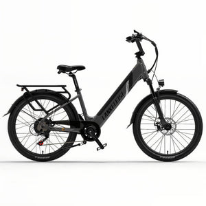 Vélo électrique gris Lankeleisi ES500 Pro vu de face, idéal pour les terrains accidentés et les longues distances.
