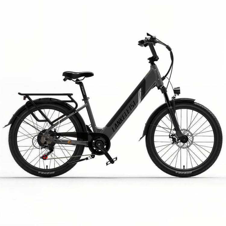 Vélo électrique gris Lankeleisi ES500 Pro vu de face, idéal pour les terrains accidentés et les longues distances.