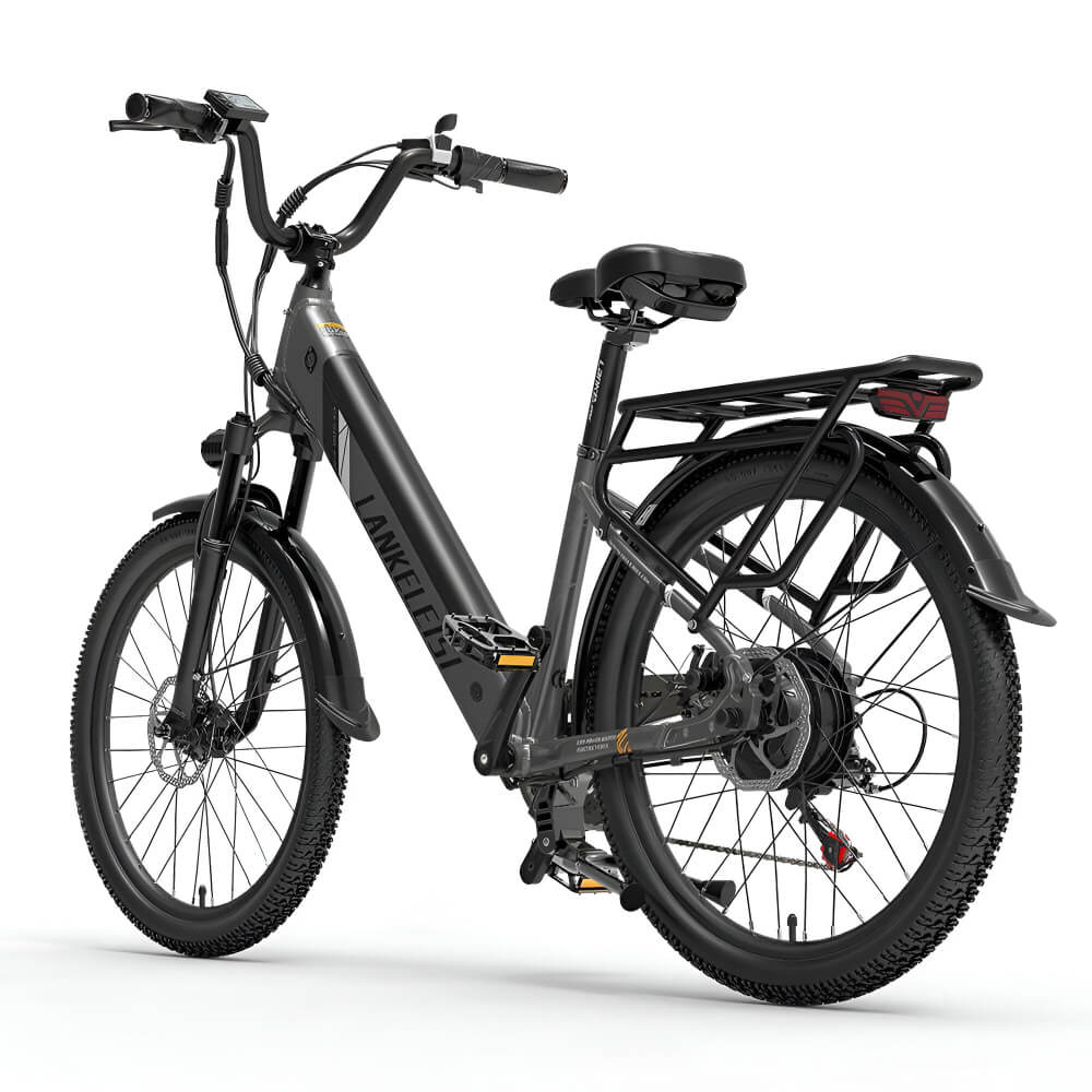 Vélo électrique gris Lankeleisi ES500 Pro vu de l’arrière, avec porte-bagages robuste et feu arrière intégré.