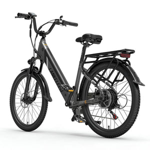 Vélo électrique gris Lankeleisi ES500 Pro vu de l’arrière, avec porte-bagages robuste et feu arrière intégré.