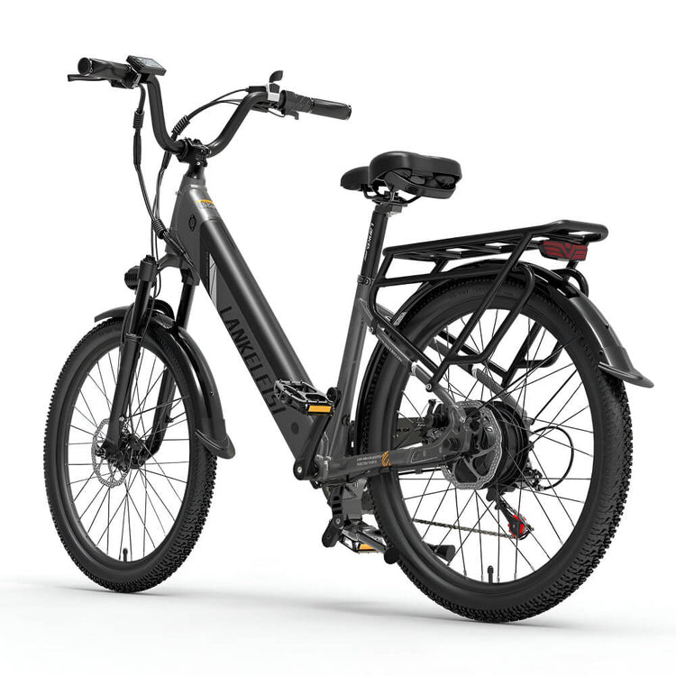 Vélo électrique gris Lankeleisi ES500 Pro vu de l’arrière, avec porte-bagages robuste et feu arrière intégré.