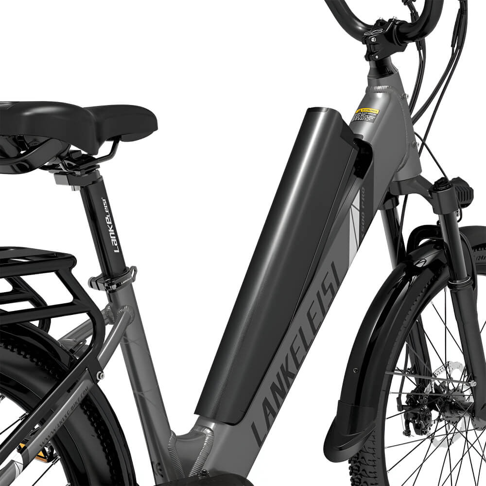 Zoom sur la batterie intégrée du vélo électrique gris Lankeleisi ES500 Pro, offrant une autonomie prolongée.