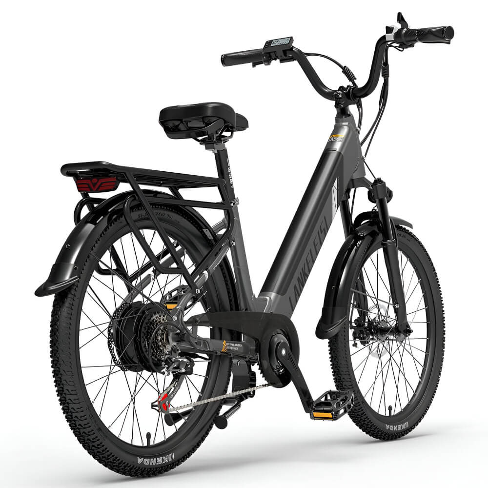 Vélo électrique gris Lankeleisi ES500 Pro vu 2 de l’arrière, avec porte-bagages robuste et feu arrière intégré.