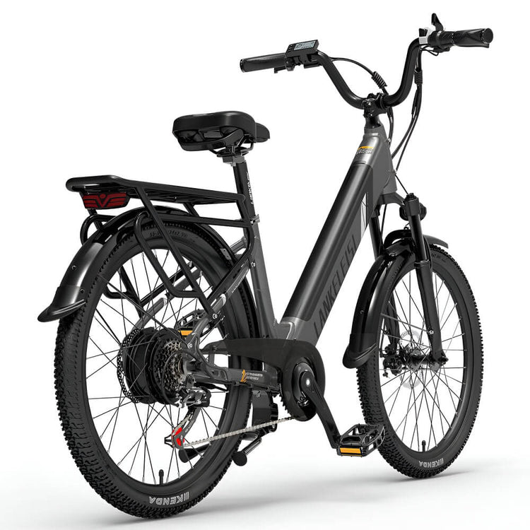 Vélo électrique gris Lankeleisi ES500 Pro vu 2 de l’arrière, avec porte-bagages robuste et feu arrière intégré.