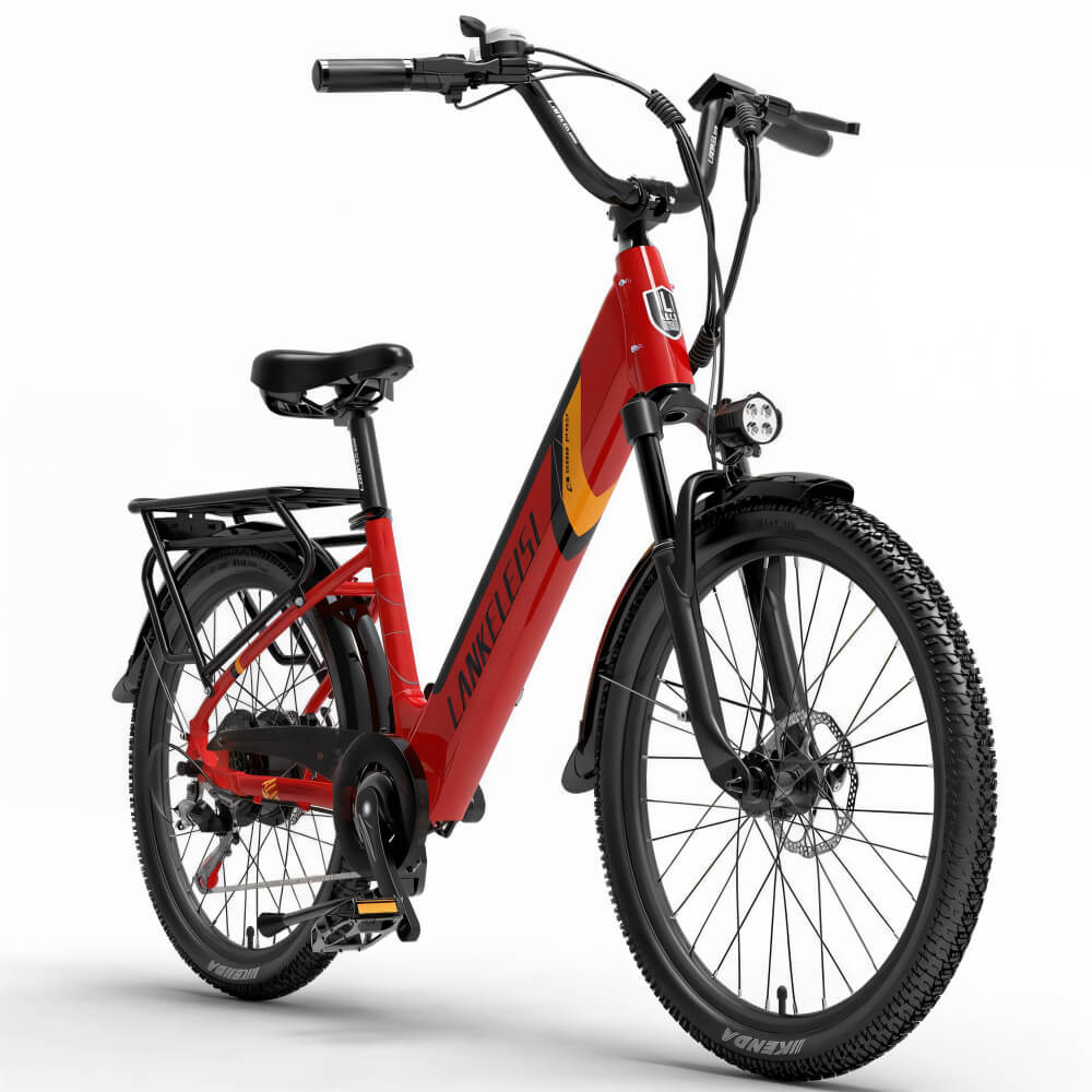 Vélo électrique rouge Lankeleisi ES500 Pro vu de côté droit, avec des pneus larges et une motorisation puissante.