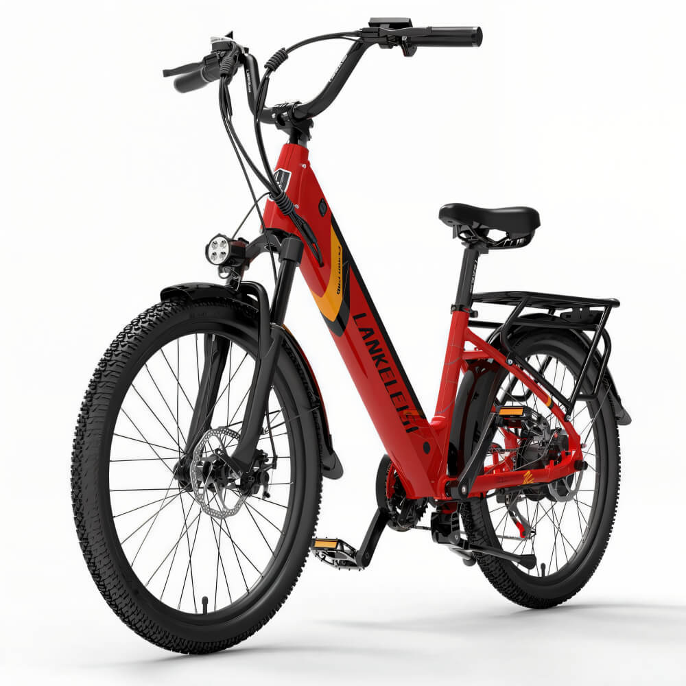 Vélo électrique rouge Lankeleisi ES500 Pro vu de côté gauche, parfait pour les aventures en pleine nature.