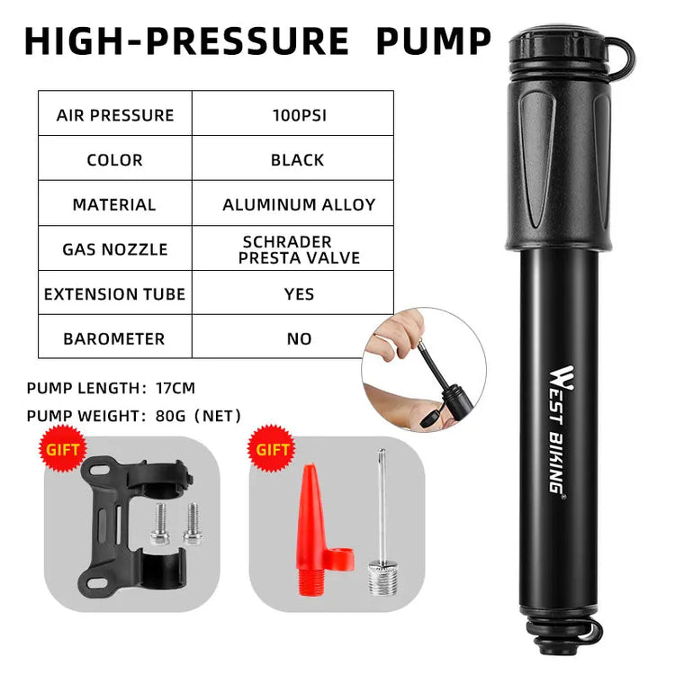 Pompe à Vélo , Mini Pompe Vélo à Main Portable,100PSI Pompe à Main Cyclisme  en Alliage